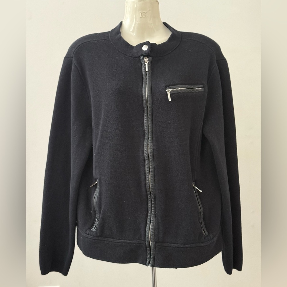 Lauren by Ralph Lauren Sweater Size L Cotton Leather Trim Motorcycle Biker EUC